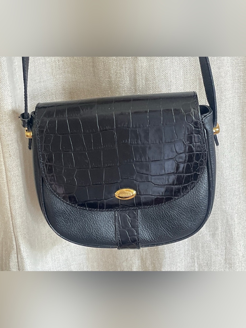 Bally Black Croc-Embossed and Pebbled Leather Crossbody Bag